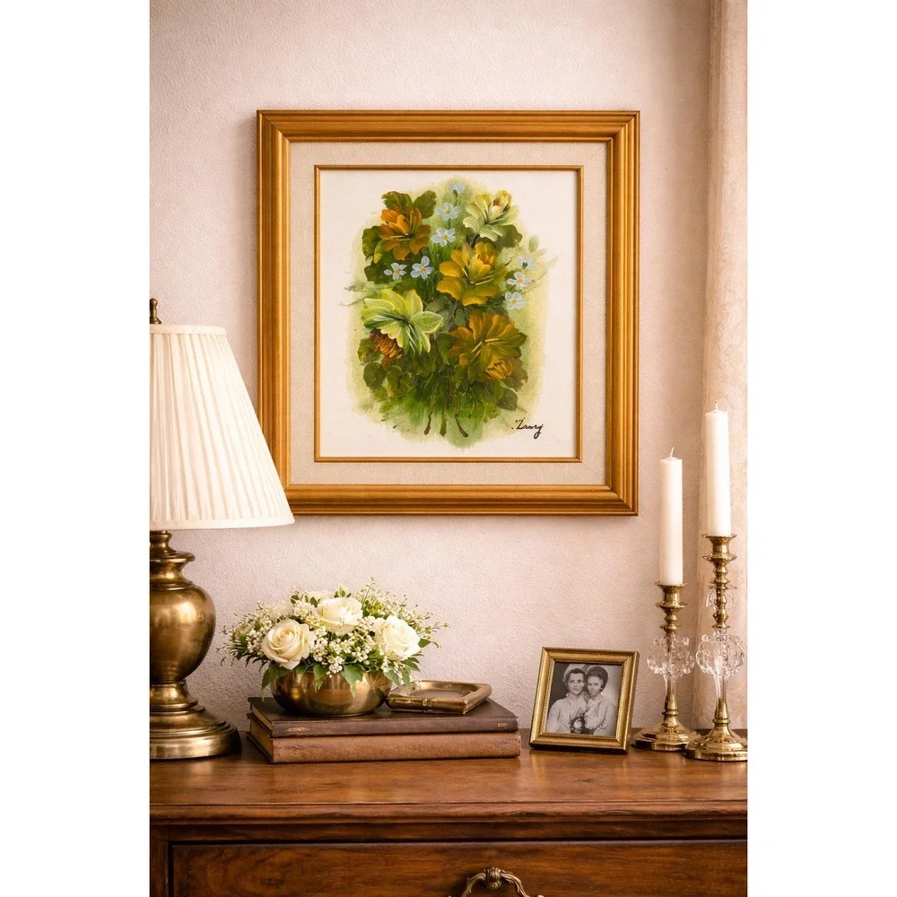 Vtg Signed Floral Oil Painting Framed Impasto Yellow Green Flowers 18 x 15 Laury